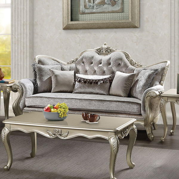 The Libertee collection sofa set is a blend of classic elegance and modern comfort. Finished in champagne, this set features a KD back, legs, and armrests with a wooden inner frame. The tight back and loose seat cushions, constructed with pocket coils, en