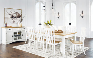 Modern farmhouse design. Made with Oak veneer, hardwood solids, MDF substrates, and engineered wood. Stylish two-tone finish featuring butcher block oak veneer tops and classic white cases. Buffet features 3 spacious storage cabinets and upper drawers wit