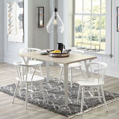 Casual contemporary design. Stylized saber legs are made with solid hardwood. Solid wood low spindle back chairs with turned legs and sturdy -"H-" stretcher. Tables have a melamine top with a replicated exotic wood grain in a light tan, natural wood color