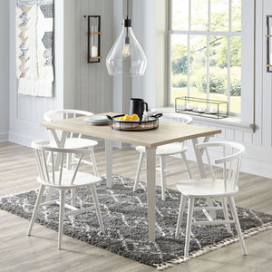 Casual contemporary design. Stylized saber legs are made with solid hardwood. Solid wood low spindle back chairs with turned legs and sturdy -"H-" stretcher. Tables have a melamine top with a replicated exotic wood grain in a light tan, natural wood color