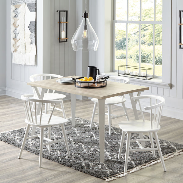 Casual contemporary design. Stylized saber legs are made with solid hardwood. Solid wood low spindle back chairs with turned legs and sturdy -"H-" stretcher. Tables have a melamine top with a replicated exotic wood grain in a light tan, natural wood color