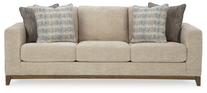 Serene style with a modern sensibility. Delight in the cozy, versatile embrace of this sofa. It takes an on-trend approach to irresistible texture and natural beauty, showcasing soft upholstery accented with a transitional wood trim. As refined as it is l
