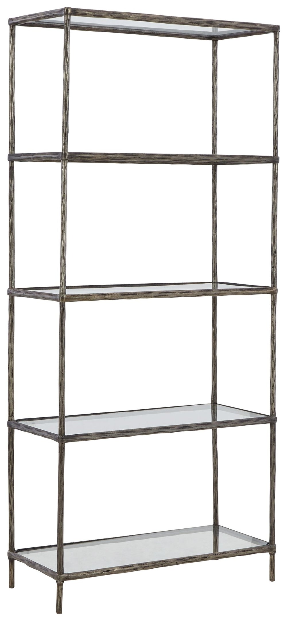Classic in design with a dash of textural appeal, this bookcase provides endless possibilities for displaying your decor. Five shelves offer the perfect perch for potted plants, books or your favorite framed artwork. The frame-'s antiqued pewter-tone fini