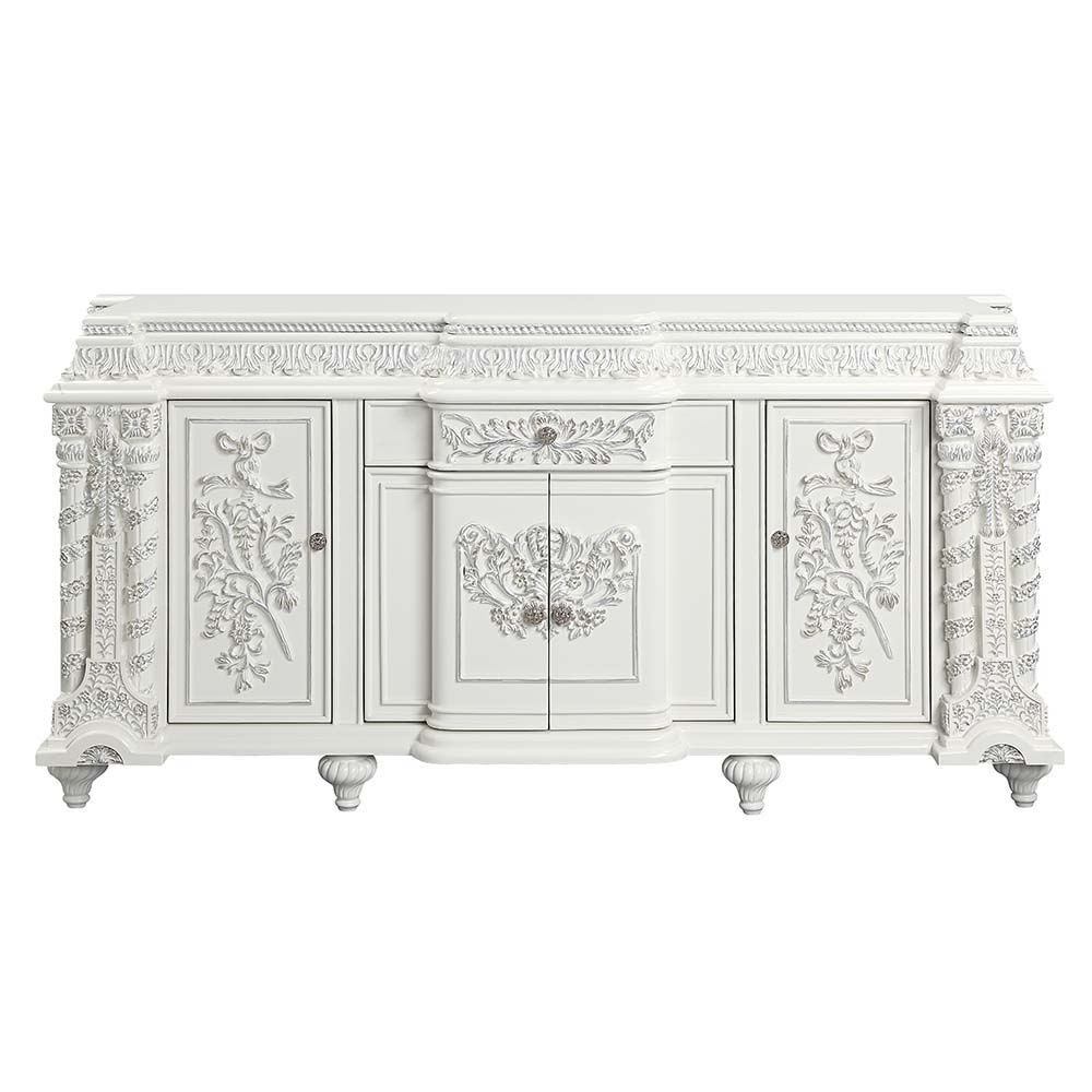 Sophisticated luxury radiates beautifully in the Vanaheim Dining Room Collection. Fabulous floral design with gorgeous details in each piece makes the collection classical and timeless. Antique white finish gives the surface an alluring feel and elegant t