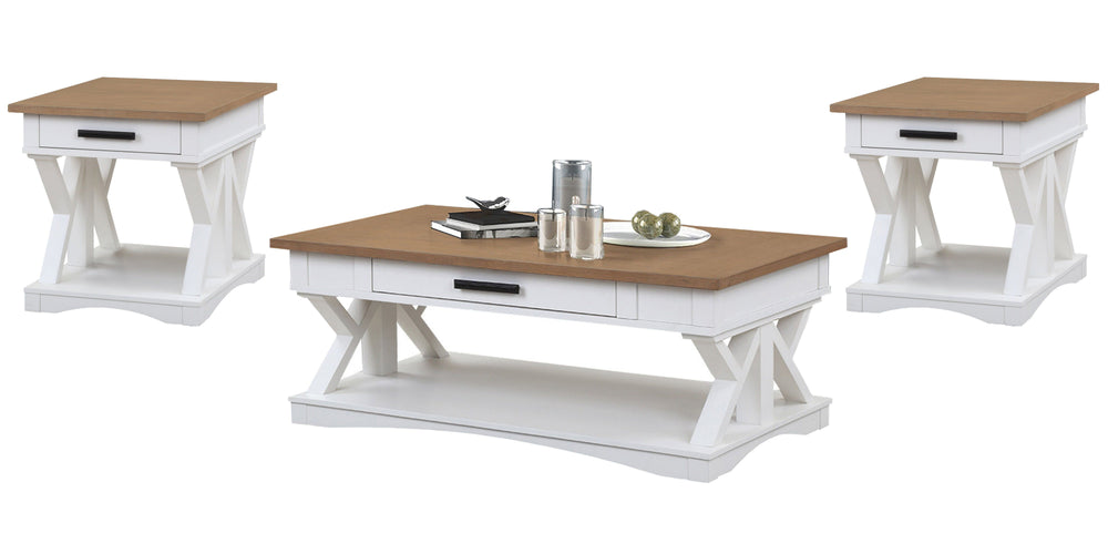 Destined to be the heart of any conversation area, the Americana Modern Cocktail Table is a must-have. Crafted in a soft Cotton white finish, it features a contrasting wood-grain top in Weathered Natural. A lower open area is perfect for storage and displ