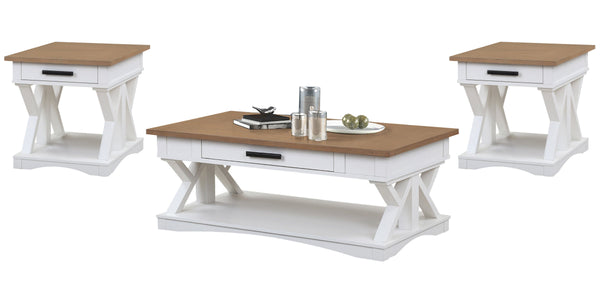 Destined to be the heart of any conversation area, the Americana Modern Cocktail Table is a must-have. Crafted in a soft Cotton white finish, it features a contrasting wood-grain top in Weathered Natural. A lower open area is perfect for storage and displ