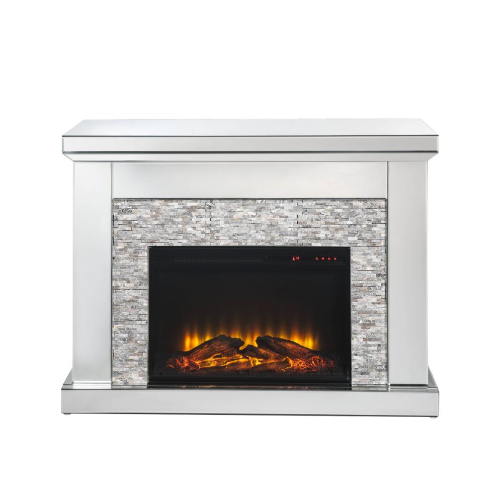 Assembled, Rectangular Fireplace â€¢ Beveled Mirrored Finish, with Faux Stones Inlay (B) â€¢ Orientation: Free Standing â€¢ NO Storage â€¢ Fireplace with Touch Control Panel & Remote Controller â€¢ Functions: Adjustable Temperature, Timer, Flame Light Onl