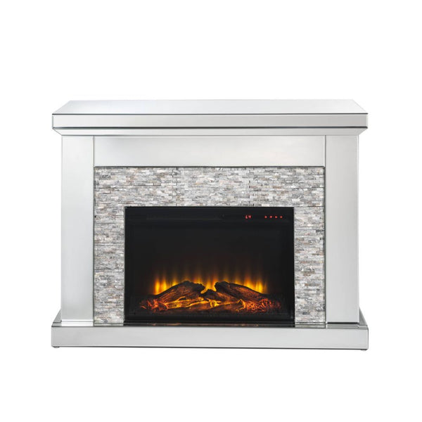 Assembled, Rectangular Fireplace â€¢ Beveled Mirrored Finish, with Faux Stones Inlay (B) â€¢ Orientation: Free Standing â€¢ NO Storage â€¢ Fireplace with Touch Control Panel & Remote Controller â€¢ Functions: Adjustable Temperature, Timer, Flame Light Onl