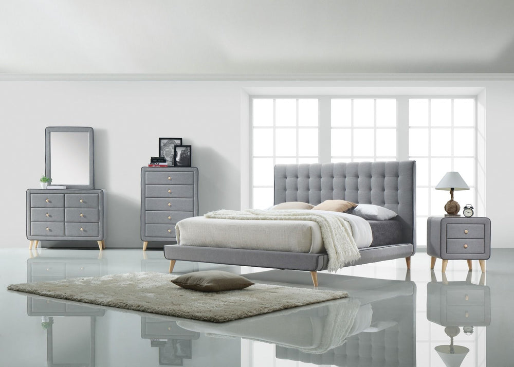5 Drw Padded: Light Gray Fabric & Black Welt Trim Drawer: GLIDE Side Metal, NO DT, NO Felt-Lined, KD Wooden Tapered Leg: Natural Finish, 5-" (130mm), Carton: 12-" x 8-" x 3-" (300 x 200 x 70mm) Top Chest: Polyfoam 32-" x 16-" (810 x 410 x 5mm) ASTM F2057 