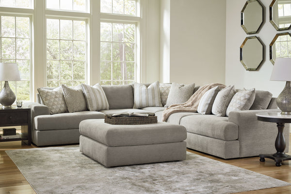 The casual, low-slung shape of this set makes it fully lounge-ready. Its deep seating invites you to sink right in, with bold beveled block arms that are softened by bullnose â€œwaterfallâ€ cushions. Best of all, the modular design lets you stage the pie