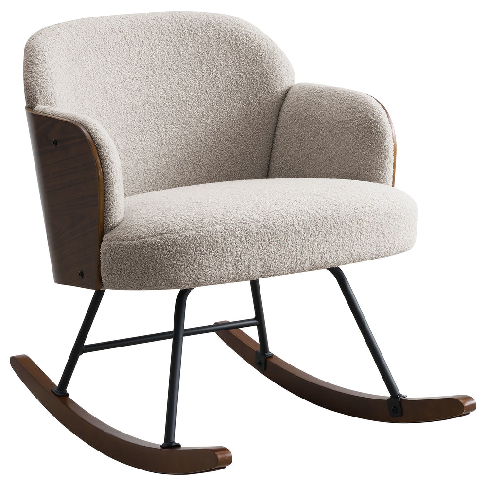 This modern rocking chair blends cozy comfort with sophisticated design, making it an ideal addition to any contemporary home. The plush boucle fabric upholstery wraps the seat and backrest, providing a soft and inviting surface. The walnut-finished bentw
