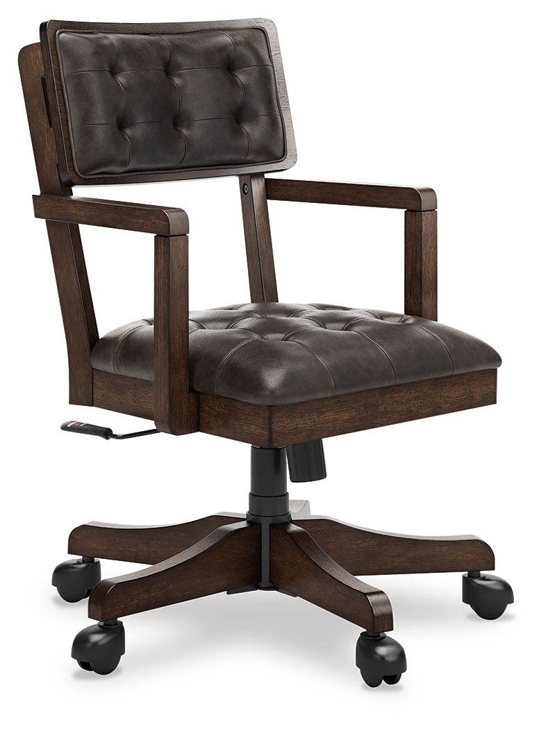 Classic meets contemporary in this home office chair. With a rich dark wood tone and tufted faux leather, it suits todayâ€™s trends while balancing a timeless appeal. Casters provide easy mobility, while the adjustable seat allows you to find your perfect