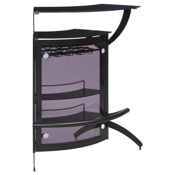 Heavy on the modern elegance scale, the design of this elegant bar unit turns heads as it provides comprehensive serving and entertaining functions. Enjoy a lovely smoked acrylic with black tempered glass and black metal frame, combining to offer a sophis