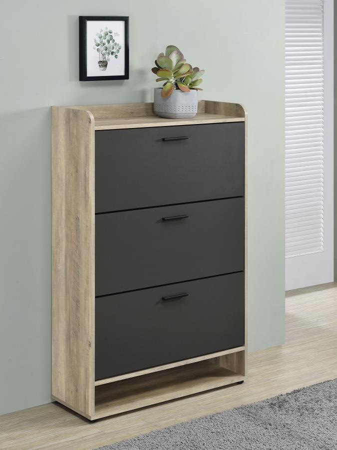 Elevate the organization of your entryway with our dual-tone shoe cabinet, a harmonious blend of practicality and contemporary design. This chic cabinet, crafted from robust engineered wood with a realistic wood-look laminate, offers three tiers of shelvi
