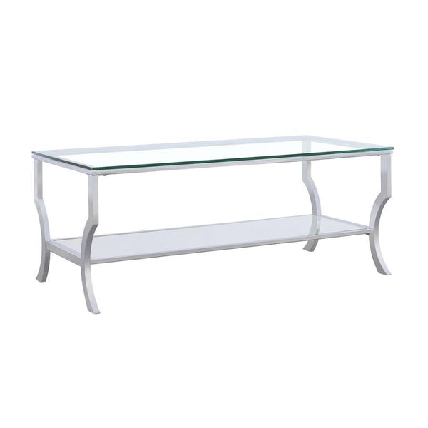  featuring a clear tempered glass top and lower shelf for practical storage. The curved legs and open design create an airy
