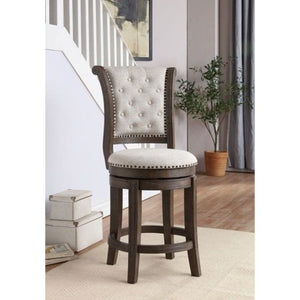 KD, Armless Chair (High Back) Swivel Seat (360 Degrees): Counter Height Padded SEAT & BACK: Fabric w/Nail-head Trim (Multi-Tone Pattern) Features: Button Tufted, Nail-head Trim, Round Shape Seat Padded Backrest w/Wooden Scrolled Trim SEAT Cushion: 3 Inche