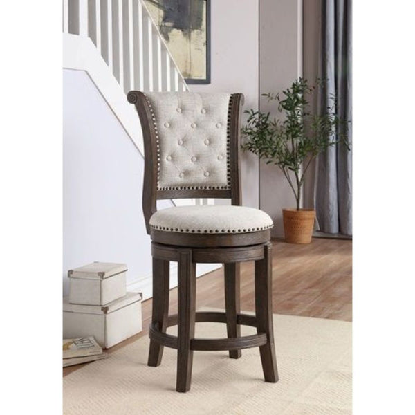 KD, Armless Chair (High Back) Swivel Seat (360 Degrees): Counter Height Padded SEAT & BACK: Fabric w/Nail-head Trim (Multi-Tone Pattern) Features: Button Tufted, Nail-head Trim, Round Shape Seat Padded Backrest w/Wooden Scrolled Trim SEAT Cushion: 3 Inche