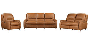 The Austin power reclining group is designed for ultimate comfort and convenience. It features independently operating power headrests and is upholstered in supple leather with a custom match. The modern high-leg design in a warm walnut finish gives it a 