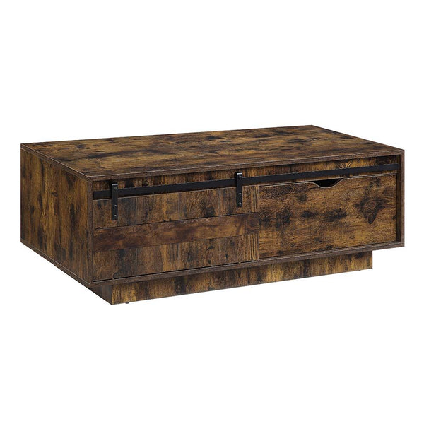 Acme Bellarosa rustic oak finish coffee table<br/><br/><b>Product Features</b><ul><li>Occasional Tables</li><li>Storage: Sliding Barn Door (Coffee with 1 Drawer)</li><li>Wooden Case-Frame</li><li>Wooden Base</li></ul><br/>