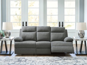  this traditional-inspired reclining sofa caters to the art of relaxation. Super soft charcoal-colored upholstery and sumptuous cushioningâ€”made all the more indulgent with pillow top armsâ€”cradles you in comfor