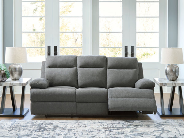  this traditional-inspired reclining sofa caters to the art of relaxation. Super soft charcoal-colored upholstery and sumptuous cushioningâ€”made all the more indulgent with pillow top armsâ€”cradles you in comfor