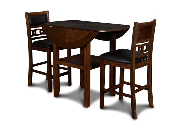 The small space friendly Gia Counter Drop Leaf Table and Chair Set has two 8" drop down leaves that transform this dining table from a 42" round dining set to 24" wide, fitting into compact spaces with ease. The counter table and chair legs are crafted of