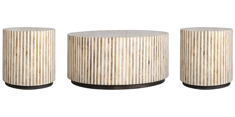 A natural fit for urban and suburban home dÃ©cor, the Downtown round cocktail table offers a casual luxury with a youthful, slightly Boho vibe. Organic yet refined this 38 inch diameter table is made from mango wood and bone inlay in a beautiful radial pa