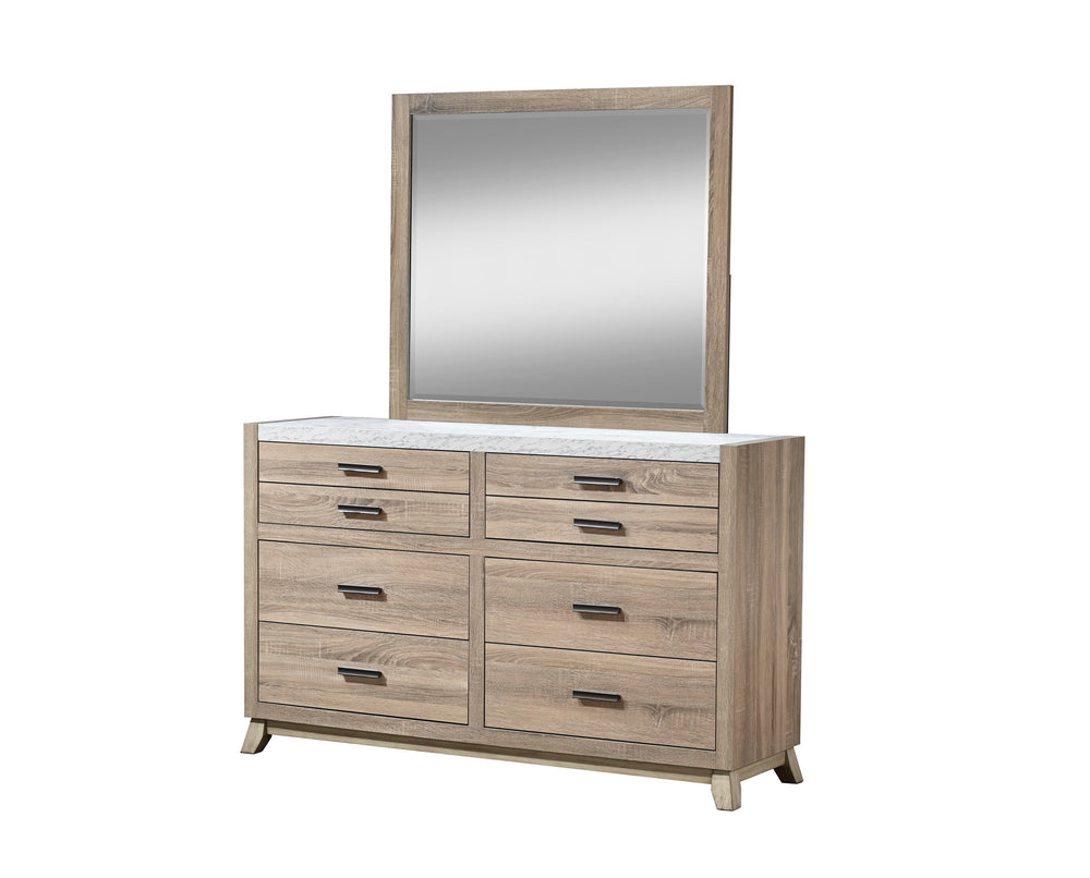 This bedroom collection brings a breath of fresh air to any interior with its light, natural wood finish that evokes a sense of calm and simplicity. The well-crafted bed frame, with its clean lines and subtle headboard design, provides a modern rustic cha