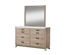 This bedroom collection brings a breath of fresh air to any interior with its light, natural wood finish that evokes a sense of calm and simplicity. The well-crafted bed frame, with its clean lines and subtle headboard design, provides a modern rustic cha