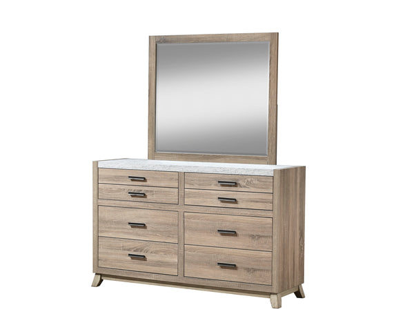 This bedroom collection brings a breath of fresh air to any interior with its light, natural wood finish that evokes a sense of calm and simplicity. The well-crafted bed frame, with its clean lines and subtle headboard design, provides a modern rustic cha
