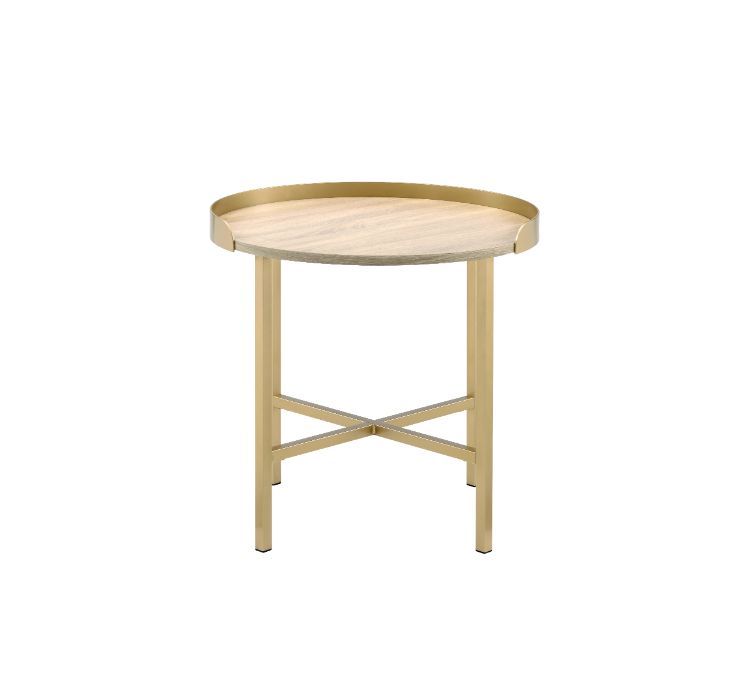 Explore modern simplicity that easily improve your overall aesthetic. The Mithea End Table features a round table top with cross bar styled metal base, offering a balance of grace and strength. An alluring gold finish showcases it-'s clean-lined silhouett