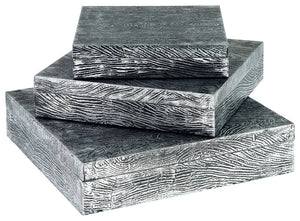 Ideal for a dresser, chest or accent table, this set of three wood and metal boxes is a contemporary choice for the forward-thinking modernist. The antiqued pewter-tone finish is an inspired touch.<br><br><b>Additional Dimensions</b><br><ul><li>Box-small: