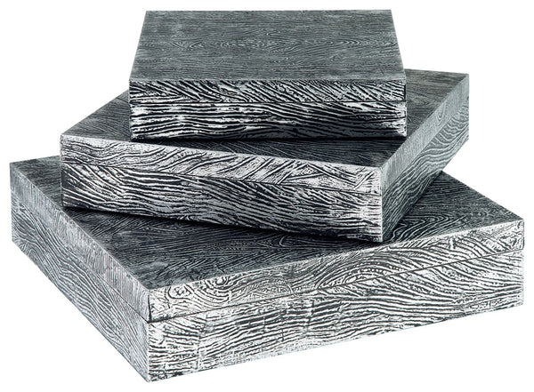 Ideal for a dresser, chest or accent table, this set of three wood and metal boxes is a contemporary choice for the forward-thinking modernist. The antiqued pewter-tone finish is an inspired touch.<br><br><b>Additional Dimensions</b><br><ul><li>Box-small: