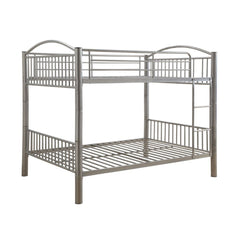 The Cayelynn full over full bunk bed is a great way to free up space in a kids bedroom. It is a round metal tube design and features a built in ladder to the upper twin bed that also has a guardrail. This bed is available in black and silver.<br/><br/><b>