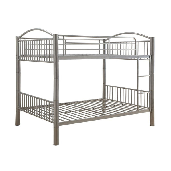 The Cayelynn full over full bunk bed is a great way to free up space in a kids bedroom. It is a round metal tube design and features a built in ladder to the upper twin bed that also has a guardrail. This bed is available in black and silver.<br/><br/><b>