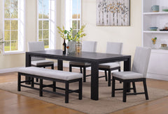 Introducing a minimalist dining ensemble with a touch of modern flair. The deep-toned wood finish of the table complements the structured lines, while the lightly cushioned chairs and bench provide both style and comfort. Crafted for durability, the reinf