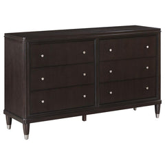 Introduce stylish storage in your bedroom with a modern six-drawer dresser. Its sleek look is accentuated in a dark brown finish, with metallic accents that add depth to tapering feel. Petite knobs decorate each drawer front as drawers offer ample storage