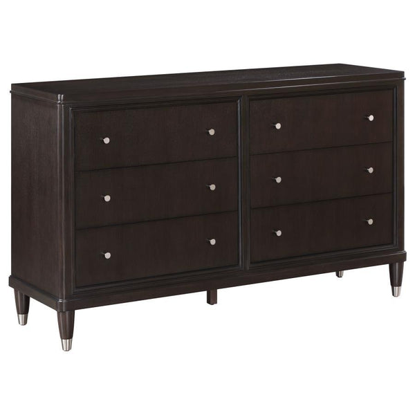 Introduce stylish storage in your bedroom with a modern six-drawer dresser. Its sleek look is accentuated in a dark brown finish, with metallic accents that add depth to tapering feel. Petite knobs decorate each drawer front as drawers offer ample storage