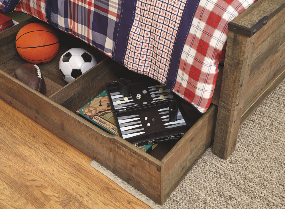 If you love country living, this twin panel bed with storage matches your authenticity. Rustic finish, plank-style details and nailhead trim pay homage to reclaimed barn wood, making for a chic look loaded with charm. Under bed storage unit includes two d