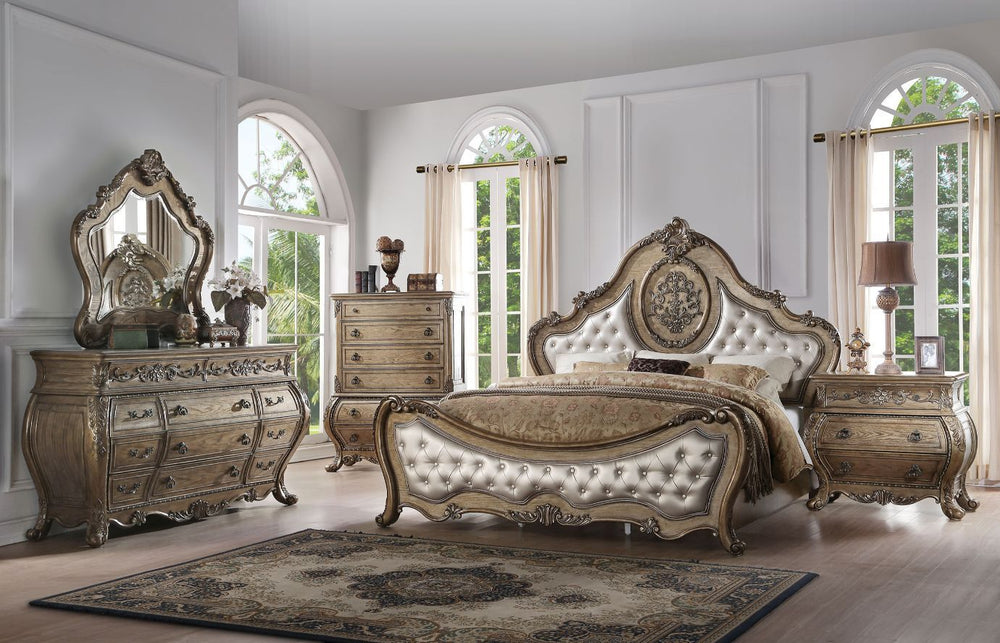 The Ragenardus bedroom collection is an impeccable example of truly memorable, with its luxurious traditional design. Your bedroom will be dignified fashion with the center piece. This arched panel bed has a beautiful designed headboard with intricate flo