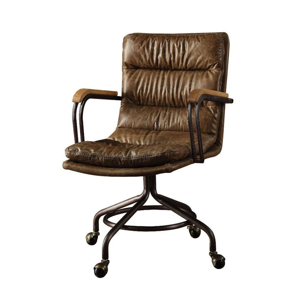 The Harith office chair brings comfort and style to any work space. Handsome, channel-seamed vintage top grain leather upholstery is complemented by a metal base with casters and metal frame armrests. It-'s Industrial design promise comfort and function a