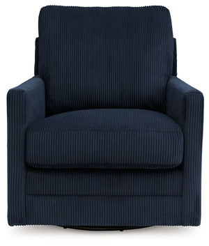  homey comfort. This swivel chair has it all. Lightweight navy blue corduroy upholstery makes it a cozy yet head-turning piece. Factor in the 360-degree spin