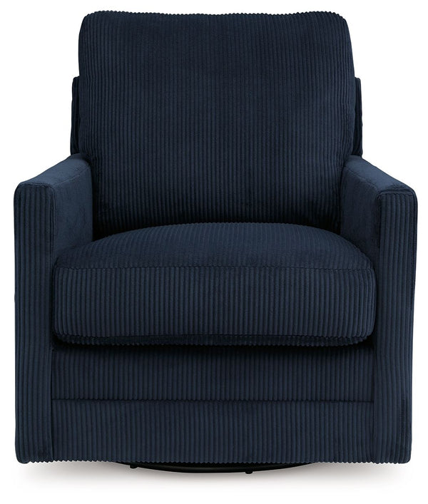  homey comfort. This swivel chair has it all. Lightweight navy blue corduroy upholstery makes it a cozy yet head-turning piece. Factor in the 360-degree spin