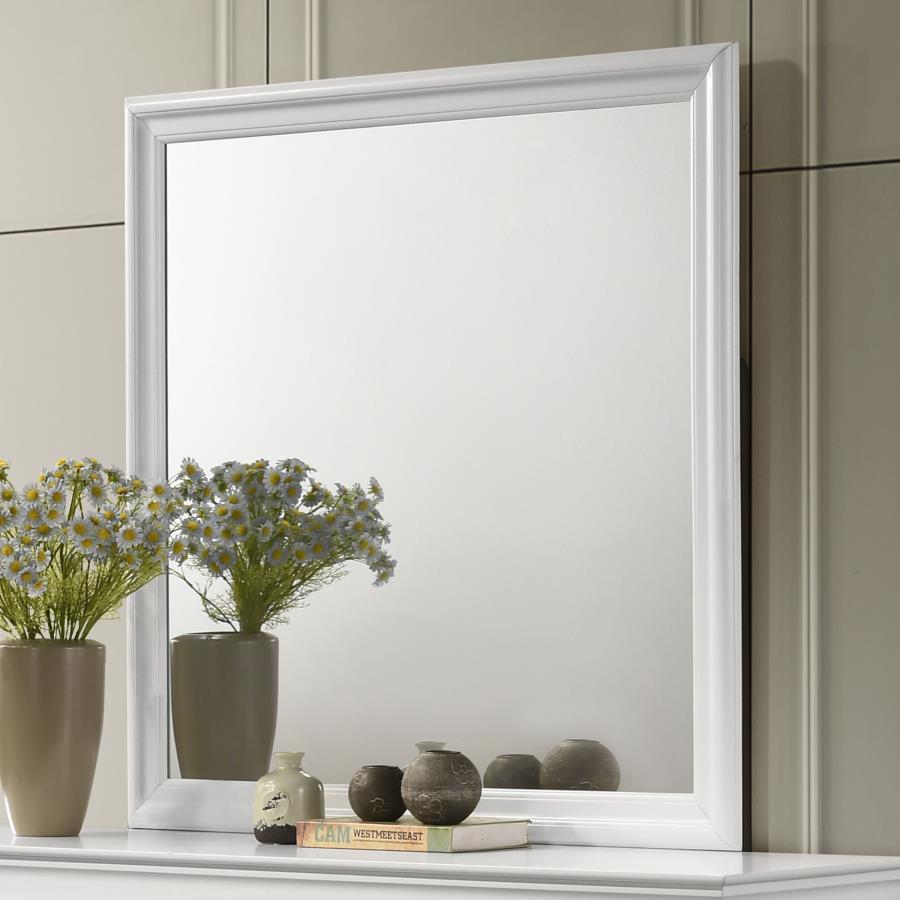 Upgrade your dresser with the addition of a framed dresser mirror. It-'s a timeless look, featuring molded trim that adds a classic touch of character to your bedroom. The mirror boasts flat glass for an understated look. A white finish graces the frame, 