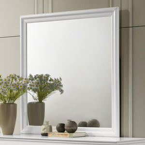  featuring molded trim that adds a classic touch of character to your bedroom. The mirror boasts flat glass for an understated look. A white finish graces the frame