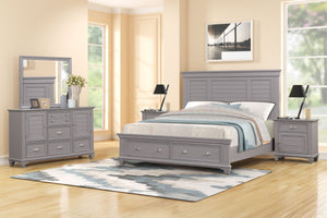 The Jamestown 5-Piece Wood Bedroom Set in Gray is the epitome of modern transitional style, offering both sophistication and functionality for your bedroom. This set includes a Panel Bed with a storage footboard, Dresser, Mirror, and two Nightstands, all 