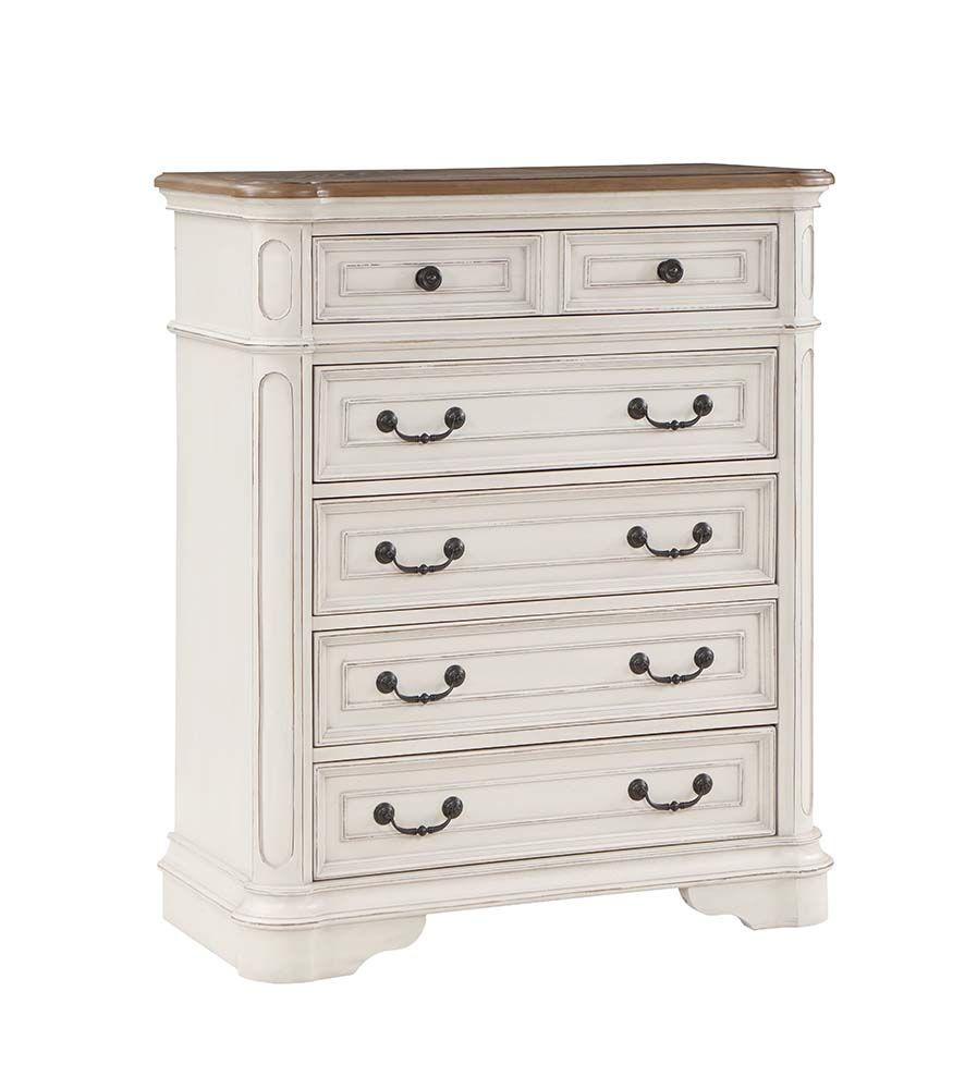 Classic design elements never go out of style the Florian collection is designed for the traditional home. The antique white finish gives off the right amount of distressing for a worn-in feel. The bed features a button-tufted portman-style headboard that