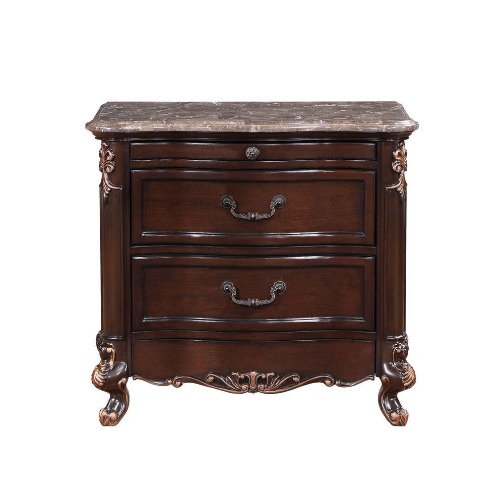 The Constantine Marble Top Two Drawer Nightstand by Royal Classics is a blend of timeless elegance and modern functionality. This nightstand, available in a rich Cherry finish, is crafted from Solid Pine and Fancy Face Birch Veneers, ensuring heirloom qua