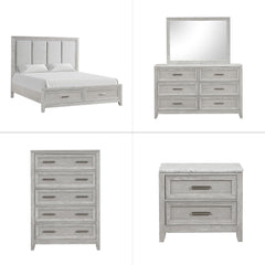 Discover the Fiona 5 Piece Bedroom Set, a collection that promises both style and functionality for your sanctuary. This suite features a storage bed with a plush upholstered headboard, designed for ultimate comfort and convenience. The suite is complemen