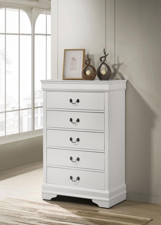Complete your stylish bedroom with the ample storage provided by this transitional five-drawer chest. It-'s cool white finish blends in a variety of bedroom spaces, creating a fresh, approachable look. Each drawer features a hanging pull in a dark finish,